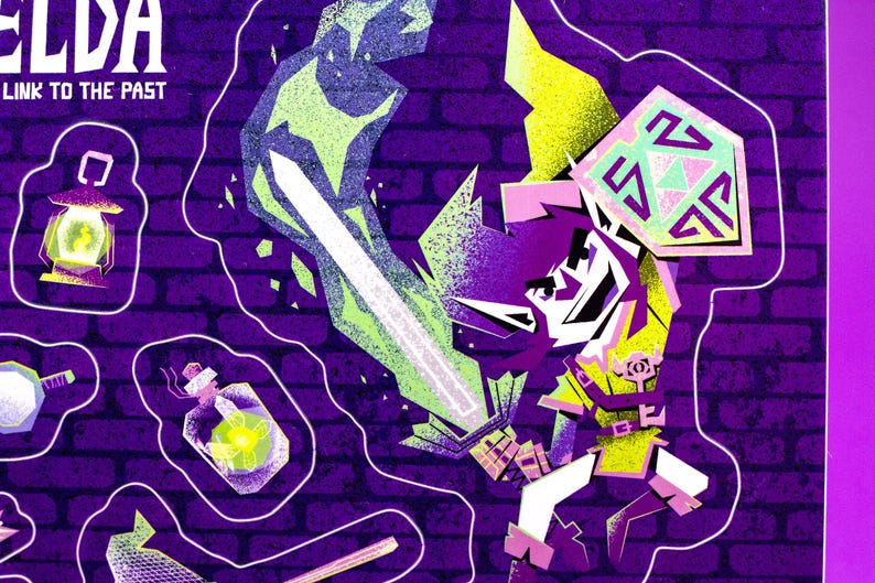 May include: Illustration of a character from The Legend of Zelda: A Link to the Past, wielding a sword and shield. The artwork features a purple brick background with various game-related icons. The character is in a yellow and green outfit.