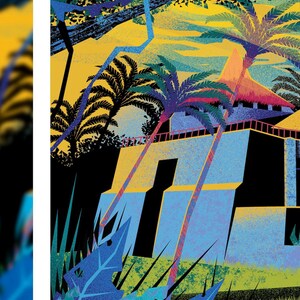 May include: A vibrant, stylized illustration of a tropical scene. Palm trees with pink trunks and green fronds stand before a light blue building with a thatched roof. The background features a yellow sky and dark green foliage, with blue lightning-like streaks.