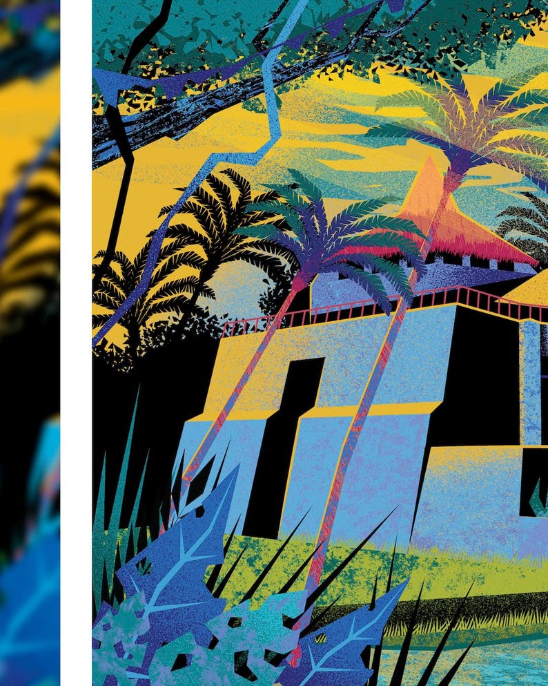 May include: A vibrant, stylized illustration of a tropical scene. Palm trees with pink trunks and green fronds stand before a light blue building with a thatched roof. The background features a yellow sky and dark green foliage, with blue lightning-like streaks.