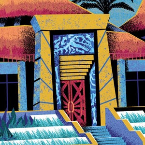 May include: Illustration of a building with a red door and yellow trim. The building has a thatched roof and is surrounded by palm trees and blue skies. The door has a sunburst design.