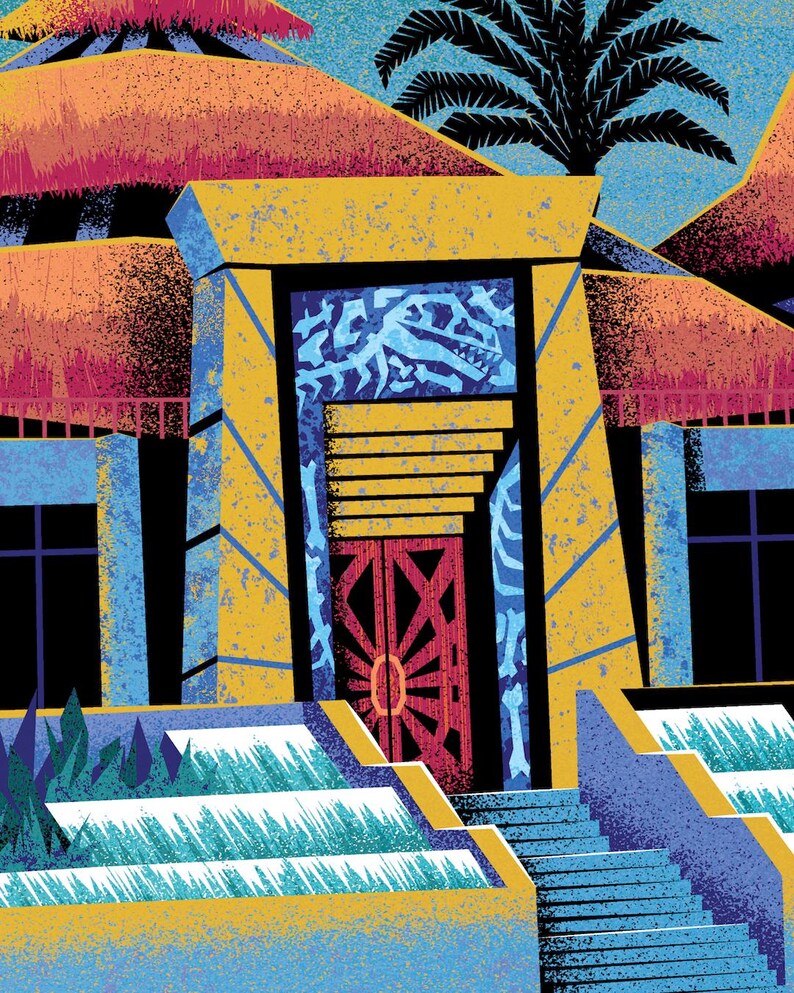 May include: Illustration of a building with a red door and yellow trim. The building has a thatched roof and is surrounded by palm trees and blue skies. The door has a sunburst design.