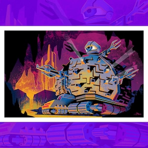 May include: An artistic print featuring a futuristic robot tank with a single eye, set against a backdrop of a cave with orange and purple hues. The robot has multiple arms and a complex geometric design.