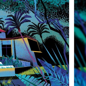 May include: An illustration of a tropical scene with a modernist building, palm trees, and lush foliage. The artwork features a color palette of blues, greens, and black, with a touch of pink and yellow. The style is reminiscent of vintage travel posters.