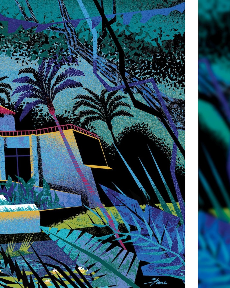 May include: An illustration of a tropical scene with a modernist building, palm trees, and lush foliage. The artwork features a color palette of blues, greens, and black, with a touch of pink and yellow. The style is reminiscent of vintage travel posters.