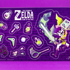 May include: A sticker sheet featuring characters and items from "The Legend of Zelda: A Link to the Past" video game. The stickers are on a purple background with a brick pattern. The stickers include a sword, shield, and various other game-related items.
