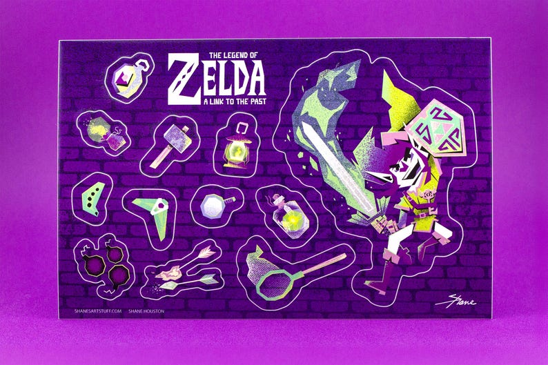 May include: A sticker sheet featuring characters and items from "The Legend of Zelda: A Link to the Past" video game. The stickers are on a purple background with a brick pattern. The stickers include a sword, shield, and various other game-related items.