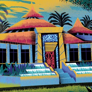 May include: Illustration of a building with a red roof and yellow accents, set against a vibrant yellow and blue sky. Palm trees and a pond with lily pads are in the foreground. The building has a dinosaur fossil design above the door.
