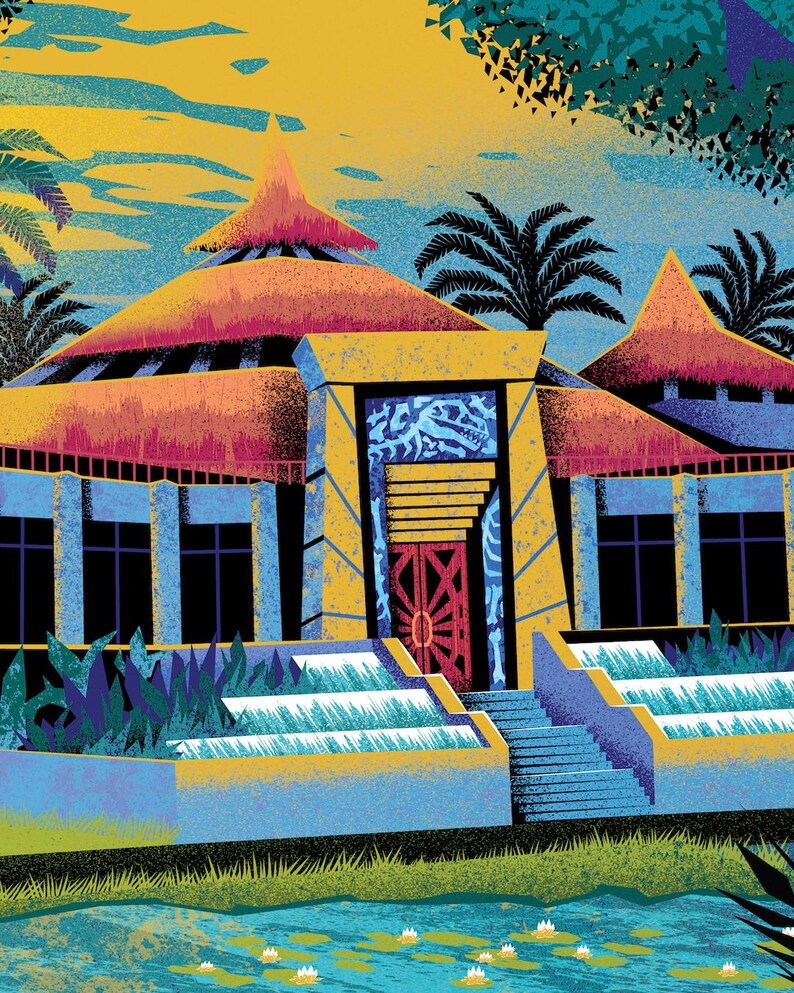 May include: Illustration of a building with a red roof and yellow accents, set against a vibrant yellow and blue sky. Palm trees and a pond with lily pads are in the foreground. The building has a dinosaur fossil design above the door.