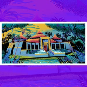 May include: An illustration of a building with a red roof, surrounded by lush green foliage and palm trees. The building has a light blue facade with yellow accents and a red door. The artwork has a vibrant color palette with a tropical theme.
