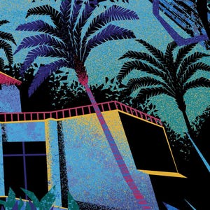 May include: An illustration of a tropical scene with a building and palm trees. The building is light blue with a yellow roof and a pink railing. The palm trees are black and purple against a blue sky. The image has a retro, stylized aesthetic.