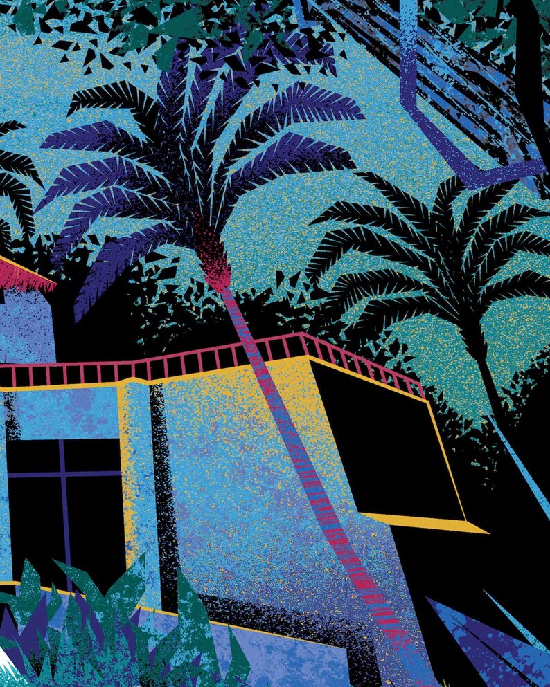 May include: An illustration of a tropical scene with a building and palm trees. The building is light blue with a yellow roof and a pink railing. The palm trees are black and purple against a blue sky. The image has a retro, stylized aesthetic.