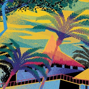 May include: A vibrant, stylized illustration of a tropical scene. Palm trees with purple and green fronds frame a building with a thatched roof. The artwork features a color palette of yellow, blue, and orange, with a textured, grainy effect.