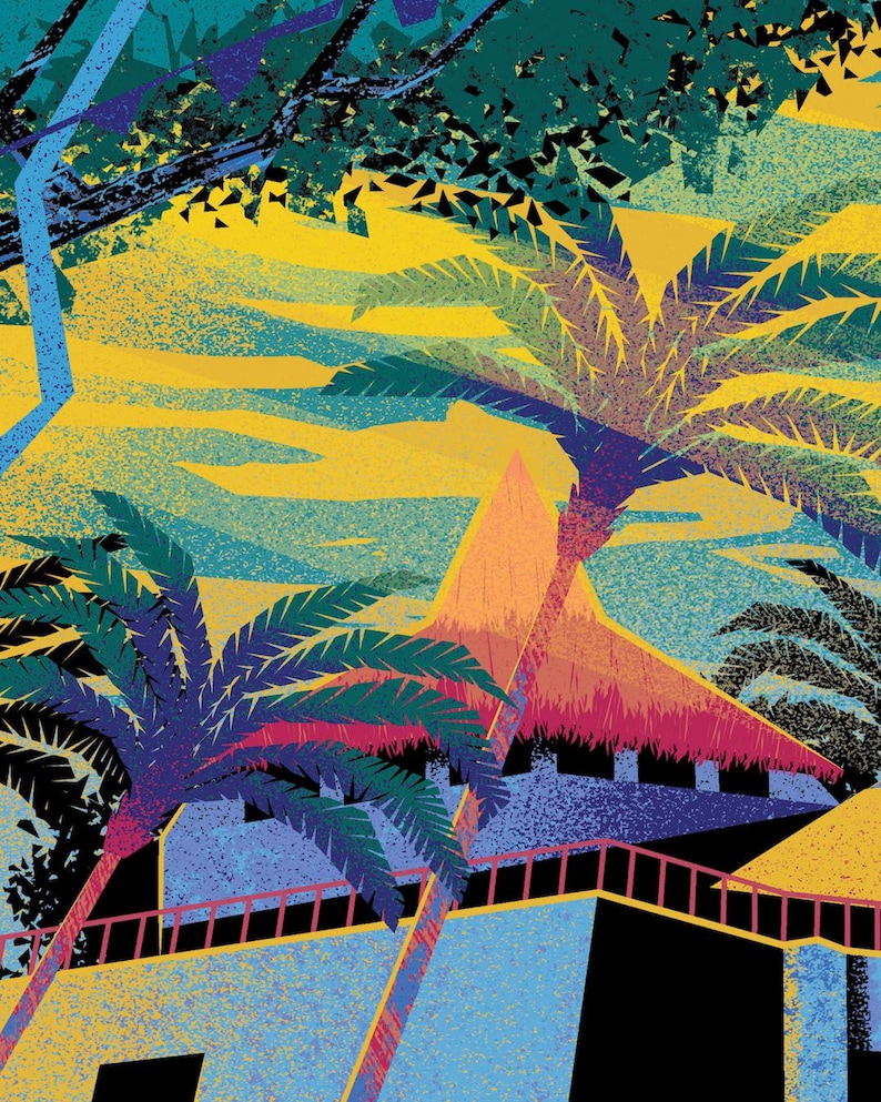 May include: A vibrant, stylized illustration of a tropical scene. Palm trees with purple and green fronds frame a building with a thatched roof. The artwork features a color palette of yellow, blue, and orange, with a textured, grainy effect.