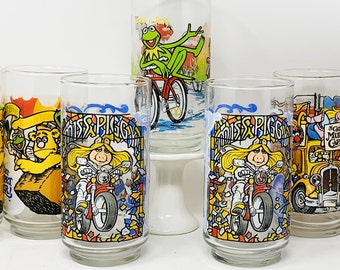Muppet Glasses - The Great Muppet Caper - McDonalds Glasses - Kermit on Bike - Miss Piggy Motorcycle - Fozzy Bear - Happiness Hotel Tumblers