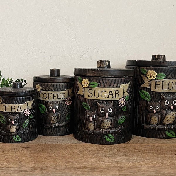 Vintage Owl Canisters - YOU PICK - Tea, Coffee, Sugar, Flour - Treasure Craft - Owl Decor - Boho - Mid-Century Owls - Owl Lover - Canisters