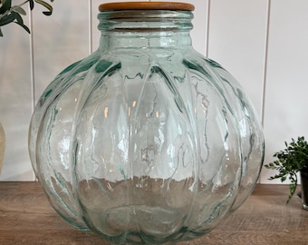 Large Ribbed Glass Jar | 14" Round Storage Canister | Wood Lid | Farmhouse Pantry Decor | Cottage Kitchen Countertop Storage | Made in Italy