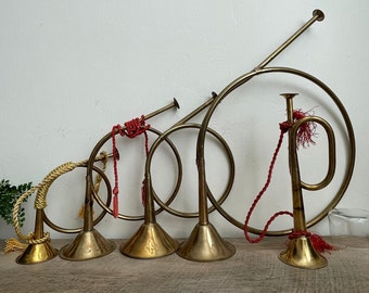 Vintage Brass Ornamental French Horns - Decorative - Brass Horn - Brass Trumpet - Red Roping - Vintage Christmas - Holiday Decor- India