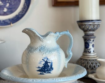 Vintage Arnel's Ceramic Pitcher & Wash Basin Set | Blue Windmill | Delft Style | Farmhouse Cottage Decor