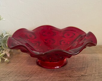 Viking Glass Yesteryear Bullseye Bowl - Bon Bon - Ruby Red - Amberina - Tangerine - MCM - Mid Century - Art Glass  - Pedestal Footed