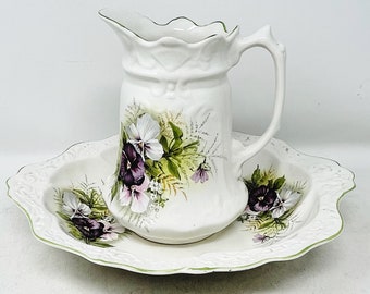 Vintage Pitcher and Basin - Pansies - Old Foley - Pansy - England - Purple - Flowers - Vase - Flower Pot - Farmhouse