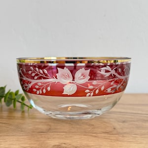 Vintage Bohemian Czech Cranberry Glass Bowls | Set of 6 | Etched Floral Gold Rim Dessert Bowls | Mid Century Elegant Glassware