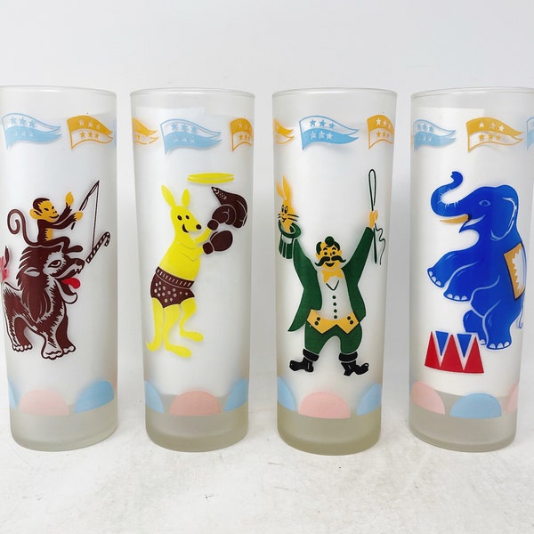 Libbey Circus Glasses - VINTAGE - Frosted Glasses - Monkey - Lion - Kangaroo - Magician - Elephant - High Ball