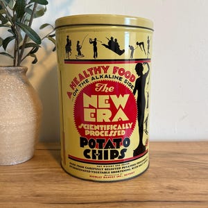 Vintage New Era Potato Chip Tin | 1950s | Retro Yellow Red Advertising Canister | Farmhouse Industrial Eclectic Kitchen Decor