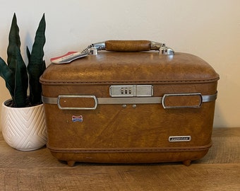 Vintage Train Case - With Tray - Mirror - Marbled - Brown - American Escort - Vintage Suitcase - Vintage Luggage - Train Case - Small