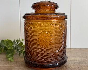 Vintage Amber Glass | Tiara Indiana Glass Jar | Sandwich Pattern Canister | Biscuit Candy Jar | 1970s Kitchen Decor | Apothecary Jar
