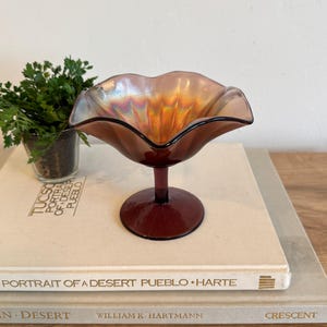 Vintage Carnival Glass Compote | Iridescent Ruffled Edge Dish | Amethyst Pedestal Bowl | Art Deco Style | Retro Candy or Trinket Dish