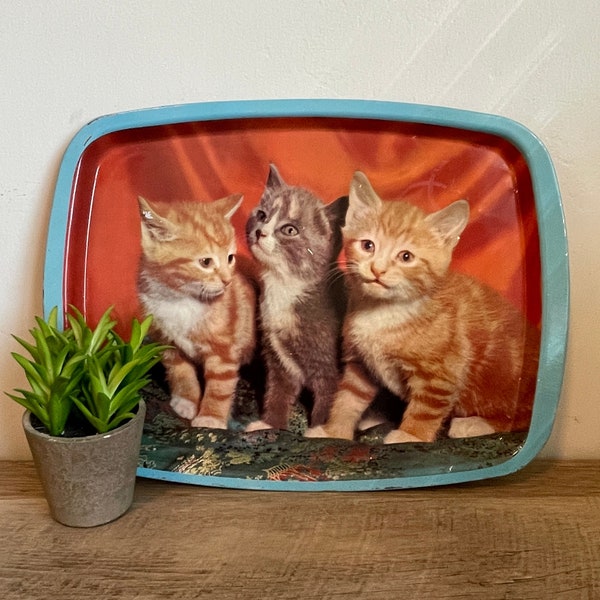 Vintage Cat Tray - Worchester Ware - Metal - Three Kittens - Orange Tabby Cats - Platter - Metal Tray