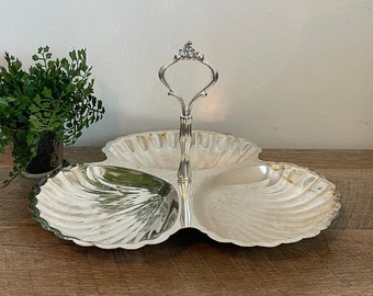 Vintage Silver Condiment Tray - Irvinware Handled ScallopTray - Relish Tray - Nut Dish - Candy Dish - Clamshell - Silver Plated - Decor