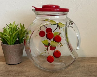 Vintage Glass Cherry Pitcher - Made in Italy - Glass Pitcher with Hand-Painted Cherries