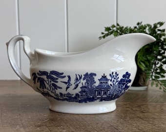 Vintage Churchill Willow Gravy Boat | Blue White Transferware Sauce Boat | English Ironstone Serveware | Cottage Dining Decor