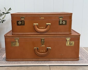 Vintage Dresner Suitcase | Brown Leather Luggage with Key | Brass Hardware Monogram | 1940s Travel Case | Stacking Decor | Film Prop