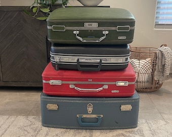 Vintage Suitcases - Samsonite - American Tourister - Bright Red - Green - Black - Blue - Suitcase - Vintage Luggage - Hard Shell Suitcase