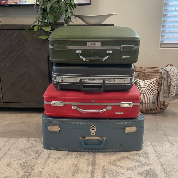 Vintage Suitcases - Samsonite - American Tourister - Bright Red - Green - Black - Blue - Suitcase - Vintage Luggage - Hard Shell Suitcase