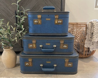 Vintage Suitcases - YOU PICK - Blue Suitcases - JC Higgins - Train Case - Suitcase - Vintage Luggage - Stacked Suitcases