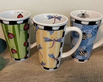 Bug Mugs - Bug Me - Alicia Tormey Designs - SIgnature Housewares - Lady Bug Mug - Dragonfly Mug - Bee Mug - Tall Mug - Vintage