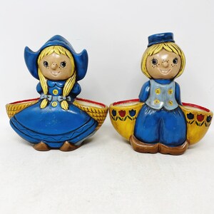 Dutch Girl and Boy Planters - RARE - Painted Pottery - Pen Holder - Holland - Scandinavian - Vintage