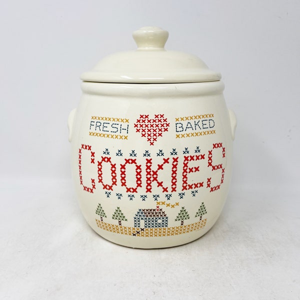 Cross Stitch Cookie Jar - VINTAGE! Fresh Baked Cookies  - Vintage Cookie Jar - Treasure Craft - Country Cookie Jar
