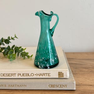 Vintage Green Art Glass Pitcher | Small 5&quot; | Hand Blown White Splatter Glass Vase | Mid Century Modern Decor | Decorative Teal Glass Pitcher