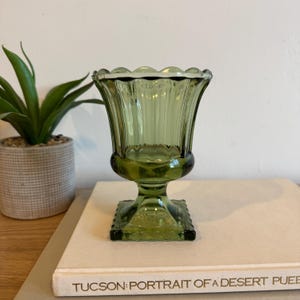 Vintage Green Indiana Glass Vase | 6&quot; Pedestal Compote | Footed Pressed Glass Candy Dish | Retro Home Decor | Colonial Revival Style