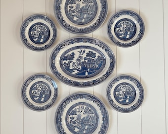 Blue White Gallery Plate Wall Set | Vintage English Cottage Decor | Myott Old Willow Transferware | 7 Piece Display