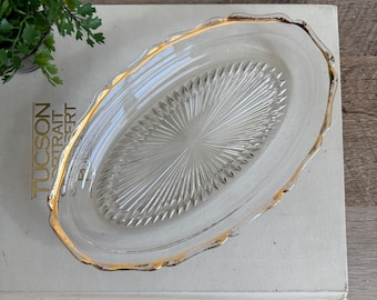 Vintage Jeannette Glass Dish | Gold Rim Trinket Dish | Starburst Jewelry Dish | Scalloped Relish Dish | Mid Century Glass | Vanity Decor