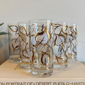 Mid Century Gold Leaf Glasses | Vintage Highball Set | 1960s Barware | Retro Cocktail Glasses | Hollywood Regency Style