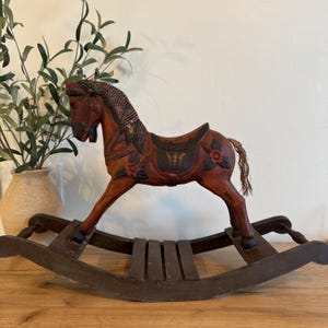Vintage Wood Rocking Horse | Hand Carved Toy Decor | Boho Nursery Accent | Rustic Farmhouse Display | Antique Style Folk Art Horse Figurine