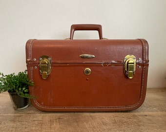 Vintage Train Case - Vintage Suitcases - Train Case - Taperlite - Sears - Brown - Leatherette - Mirror - Tray - Vintage Luggage
