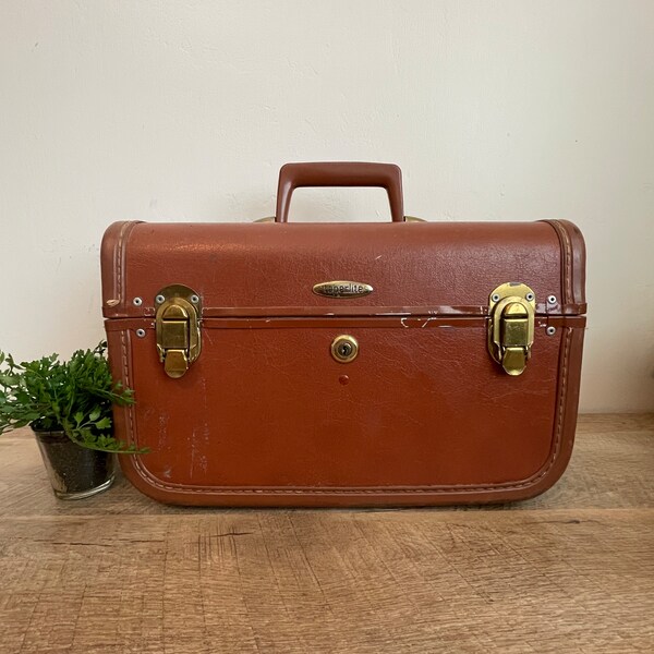 Vintage Train Case - Vintage Suitcases - Train Case - Taperlite - Sears - Brown - Leatherette - Mirror - Tray - Vintage Luggage