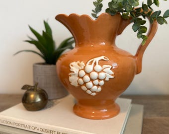 Vintage Orange Pitcher | Ceramic Grape Pitcher Vase | Burnt Orange Pottery Jug | Fall Kitchen Decor | Tuscan Mediterranean Farmhouse